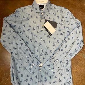 NWT Cactus Man Baby Blue & Navy Floral Print Dress Shirt Slim Fit Size Medium